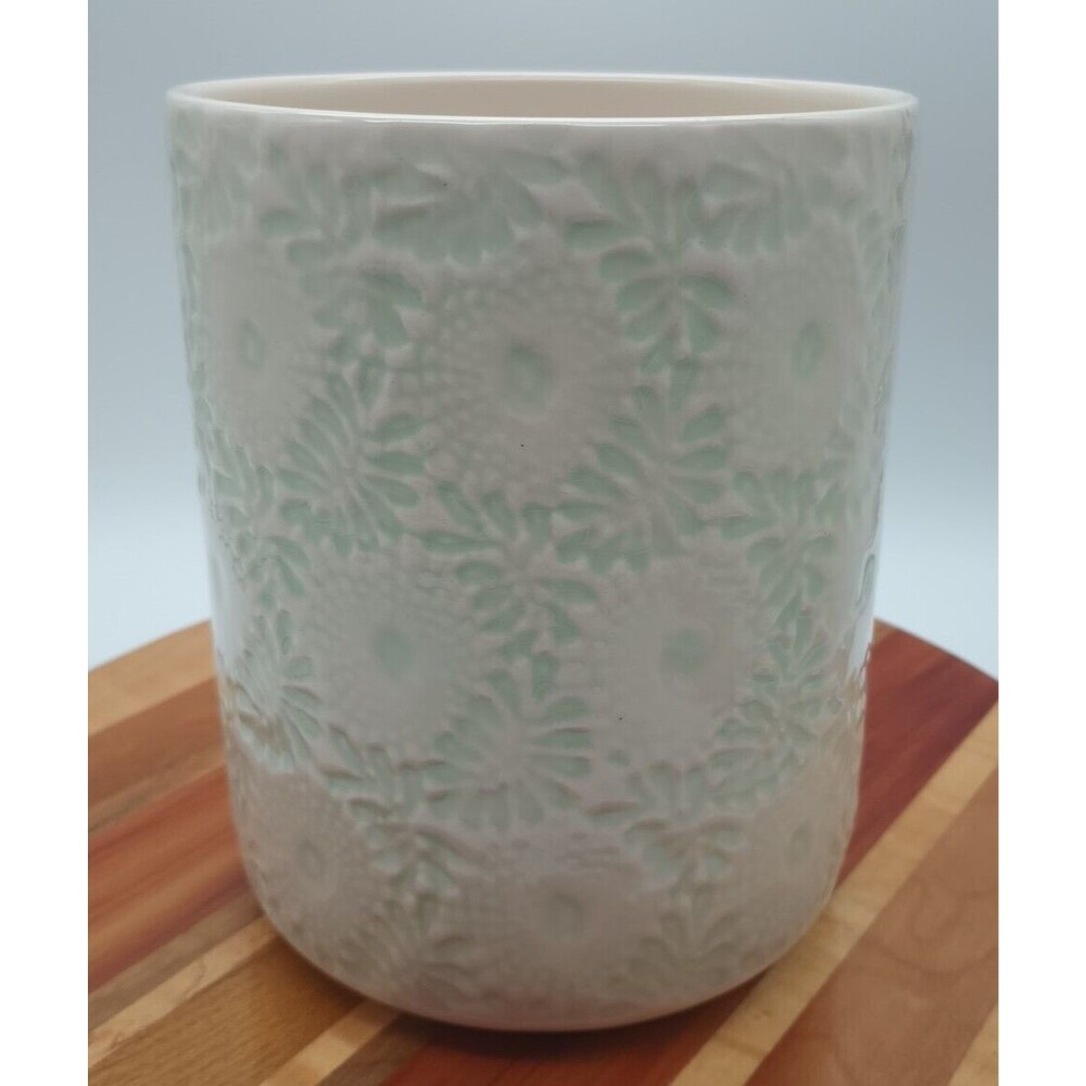 Sur La Table Utensil Crock Embossed Floral Green